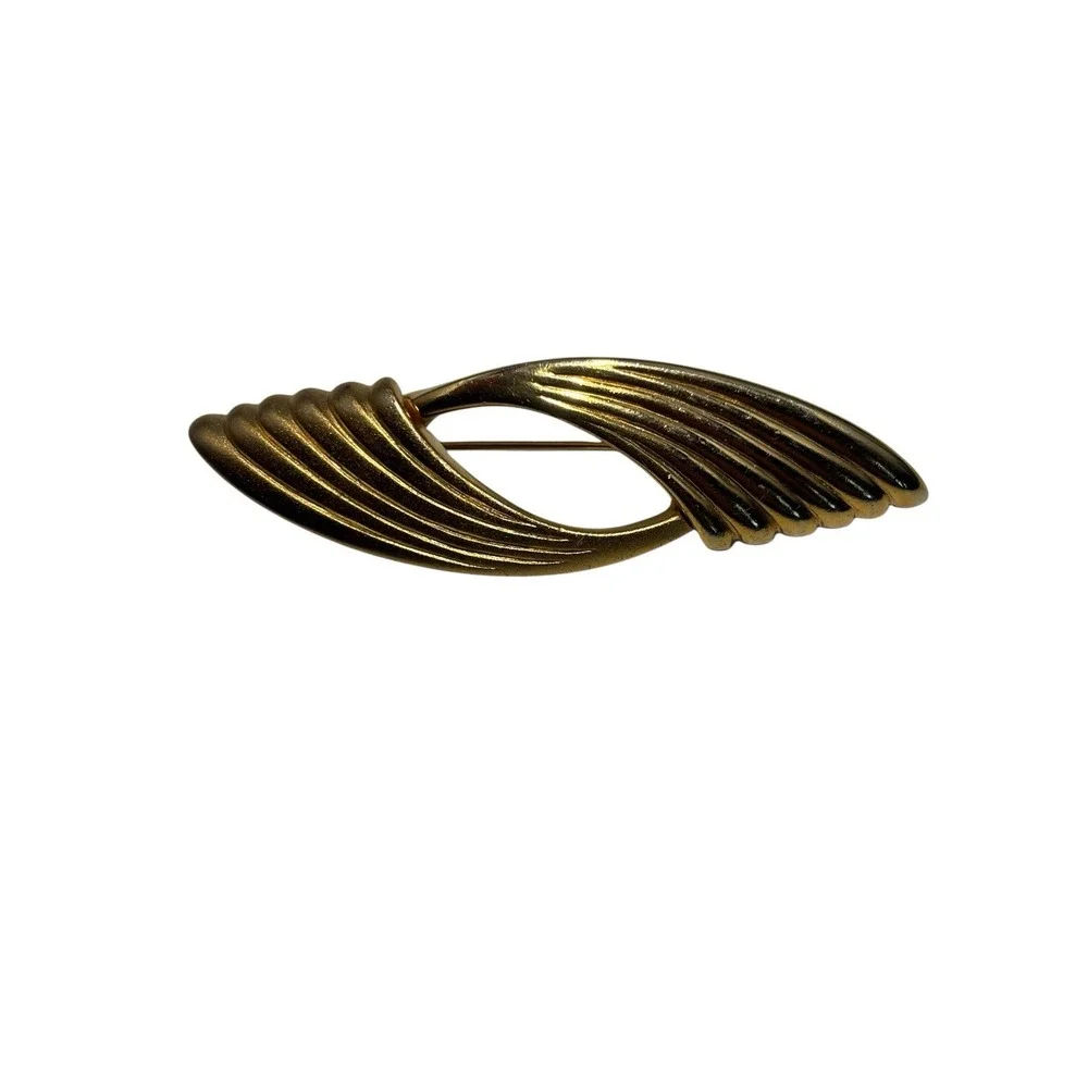 Vintage Dual Gold Tone Modern Textured Stylized Ribbons Elegant Brooch Pin